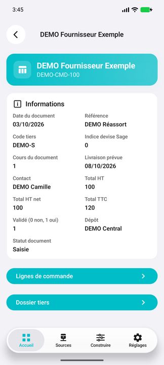 Détails de commande : contact, devise native, statut et deux sous-boutons ; livraison prévue, non réalisée — Cifru natif ; données DEMO fictives, sans connexion ERP réelle.