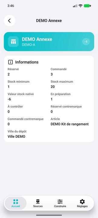 Détails du dépôt : réservations, seuils, quantités et valeur de stock native — Cifru natif ; données DEMO fictives, sans connexion ERP réelle.