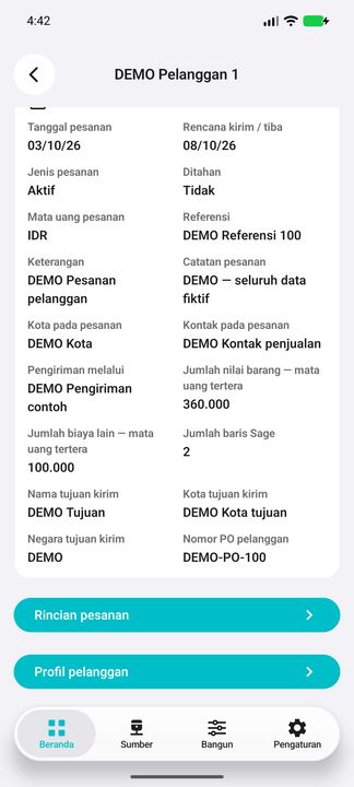Detail pesanan: referensi, kontak, tujuan pengiriman dan tombol rincian serta profil pelanggan — Cifru native; DEMO, seluruh data fiktif. Bukan uji koneksi ke ERP nyata.