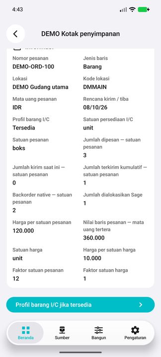 Detail baris: kuantitas, harga, faktor satuan pesanan dan satuan harga; profil I/C jika tersedia — Cifru native; DEMO, seluruh data fiktif. Bukan uji koneksi ke ERP nyata.