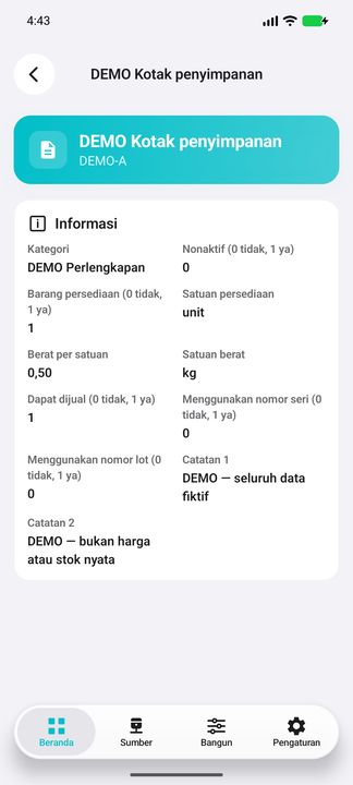 Detail profil barang: status, persediaan, satuan, pelacakan nomor seri atau lot dan catatan — Cifru native; DEMO, seluruh data fiktif. Bukan uji koneksi ke ERP nyata.