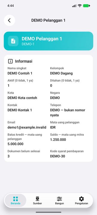 Detail pelanggan: kelompok, status, kontak, mata uang, batas kredit dan syarat pembayaran — Cifru native; DEMO, seluruh data fiktif. Bukan uji koneksi ke ERP nyata.
