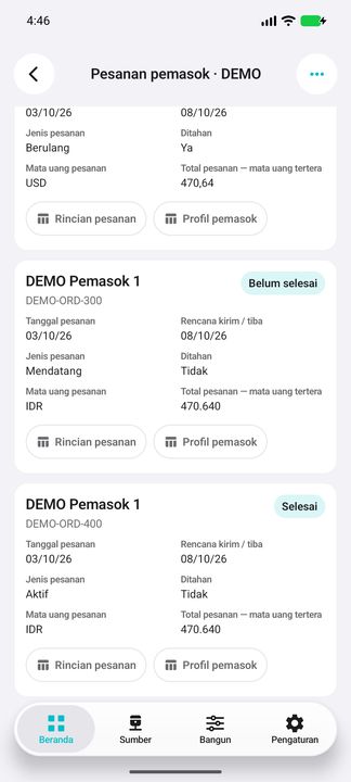 Daftar pesanan pemasok: jenis, status, tanggal, mata uang dan total pesanan — Cifru native; DEMO, seluruh data fiktif. Bukan uji koneksi ke ERP nyata.