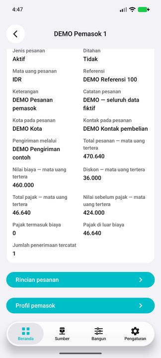 Detail pesanan pemasok: biaya, diskon, pajak, total, penerimaan tercatat dan sub-tombol terkait — Cifru native; DEMO, seluruh data fiktif. Bukan uji koneksi ke ERP nyata.