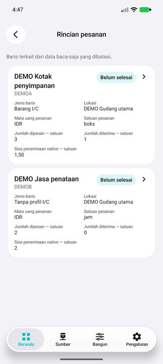 Rincian pembelian: barang dan baris tanpa profil I/C, jumlah dipesan, diterima dan sisa native — Cifru native; DEMO, seluruh data fiktif. Bukan uji koneksi ke ERP nyata.