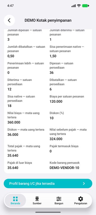 Detail baris: satuan pesanan dan persediaan, penerimaan parsial, pembatalan, biaya, diskon dan pajak — Cifru native; DEMO, seluruh data fiktif. Bukan uji koneksi ke ERP nyata.