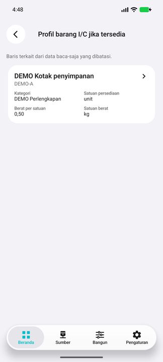 Profil barang I/C terkait jika tersedia: kategori, satuan persediaan dan berat — Cifru native; DEMO, seluruh data fiktif. Bukan uji koneksi ke ERP nyata.
