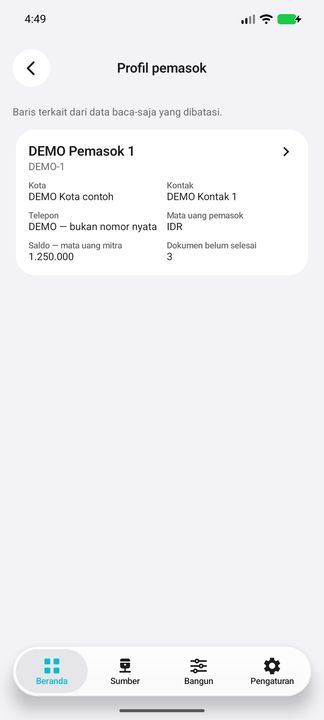 Profil pemasok terkait: kontak, mata uang dan saldo saat ini, bukan saldo pesanan — Cifru native; DEMO, seluruh data fiktif. Bukan uji koneksi ke ERP nyata.