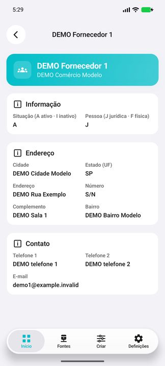 Detalhes do fornecedor: identificação, situação, tipo de pessoa, endereço e contatos — Cifru nativo; DEMO, dados totalmente fictícios. Não é teste em ERP real.