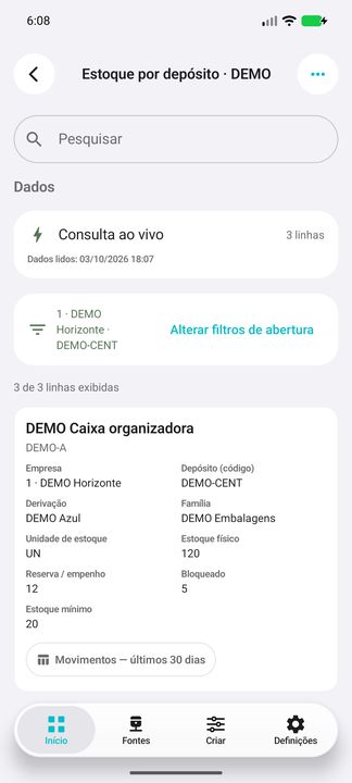 Empresa e depósito: produto, derivação, família, unidade e quantidades no card completo — Cifru nativo; DEMO, dados fictícios. Não é teste em ERP real.