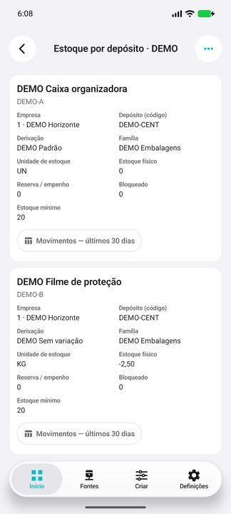 Outros produtos: estoque zero e negativo permanecem visíveis, sem somar unidades diferentes — Cifru nativo; DEMO, dados fictícios. Não é teste em ERP real.
