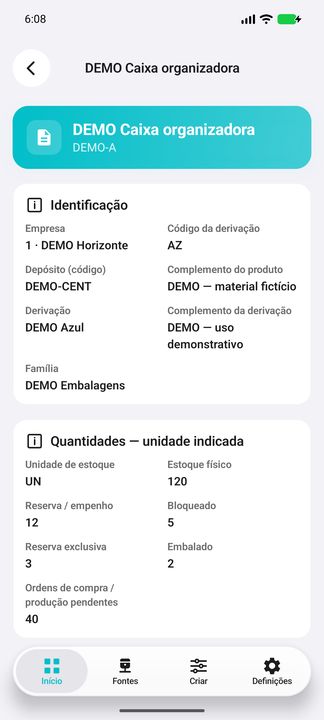 Detalhes: identificação, complementos, reservas, bloqueios, embalado e ordens pendentes — Cifru nativo; DEMO, dados fictícios. Não é teste em ERP real.