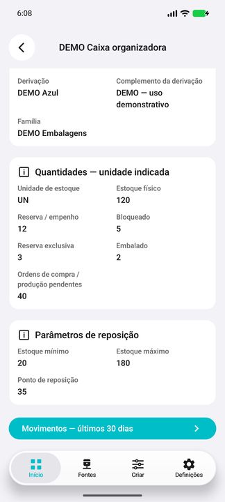 Continuação dos Detalhes: mínimo, máximo, reposição e acesso aos movimentos dos últimos 30 dias — Cifru nativo; DEMO, dados fictícios. Não é teste em ERP real.