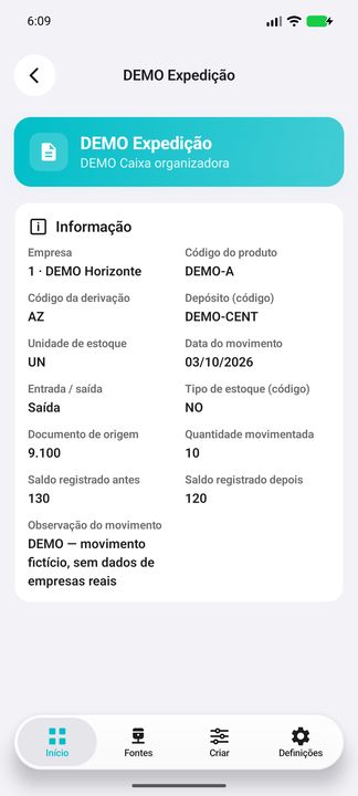 Detalhes do movimento: contexto, data, quantidade, saldos registrados antes/depois e observação — Cifru nativo; DEMO, dados fictícios. Não é teste em ERP real.