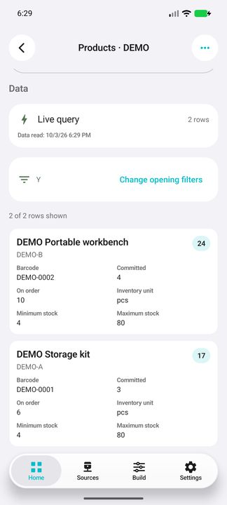 Inventory products: stock, committed and ordered quantities, units and thresholds — Native Cifru; fictional DEMO data, no real SAP connection.