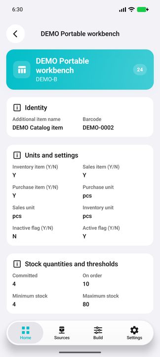 Complete product Details with identity, units, stock and native flag meanings — Native Cifru; fictional DEMO data, no real SAP connection.