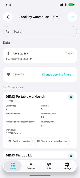 Selected warehouse and first product card: quantity, thresholds, price and navigation buttons — Native Cifru; fictional DEMO data, no real SAP connection.