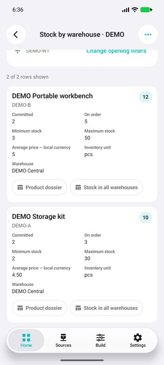 Complete warehouse stock cards with Product dossier and Stock in all warehouses buttons — Native Cifru; fictional DEMO data, no real SAP connection.