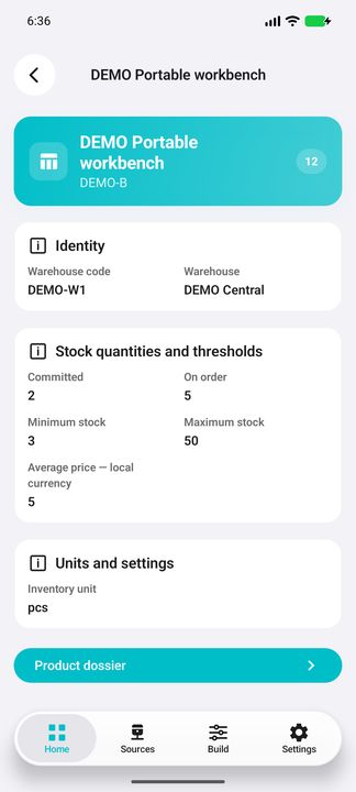 Selected product and warehouse: grouped stock Details — Native Cifru; fictional DEMO data, no real SAP connection.
