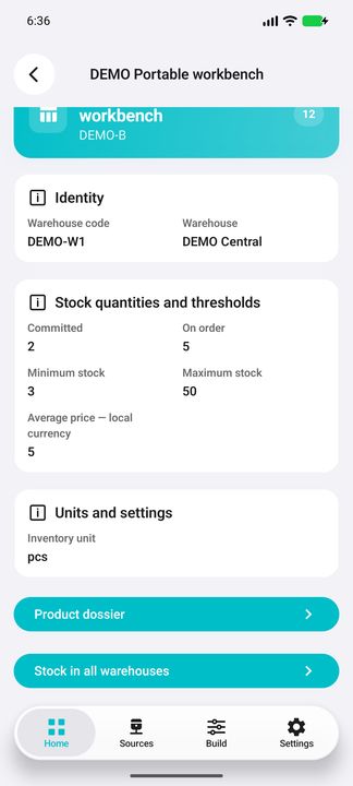 Stock Details continued, with both related-data buttons visible — Native Cifru; fictional DEMO data, no real SAP connection.