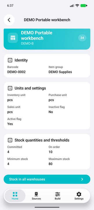 Complete product Details: units, active/inactive flags, totals and warehouse navigation — Native Cifru; fictional DEMO data, no real SAP connection.