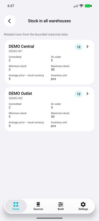The same product in all warehouses, with complete quantity and price cards — Native Cifru; fictional DEMO data, no real SAP connection.