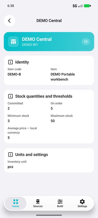 Related warehouse Details retaining the selected product context — Native Cifru; fictional DEMO data, no real SAP connection.