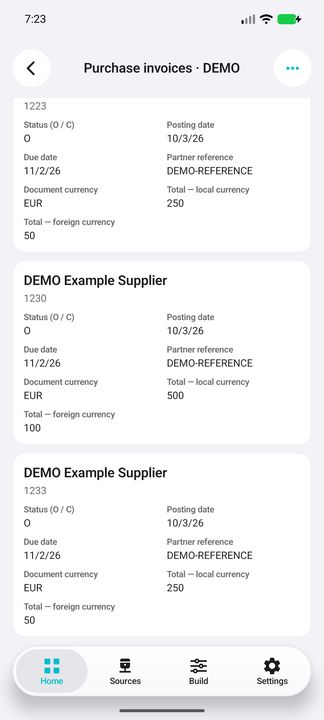 Supplier invoice cards: dates, references, status and separately labelled local/foreign totals — Native Cifru; fictional DEMO data, no real SAP connection.