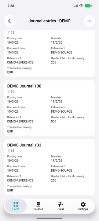 Complete journal cards: posting dates, references, stored local header total and transaction currency — Native Cifru; fictional DEMO data, no real SAP connection.