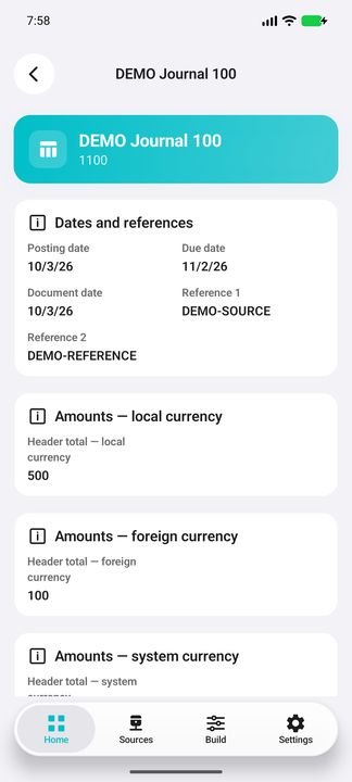 Journal Details: identity, dates, references and stored local/foreign header totals — Native Cifru; fictional DEMO data, no real SAP connection.