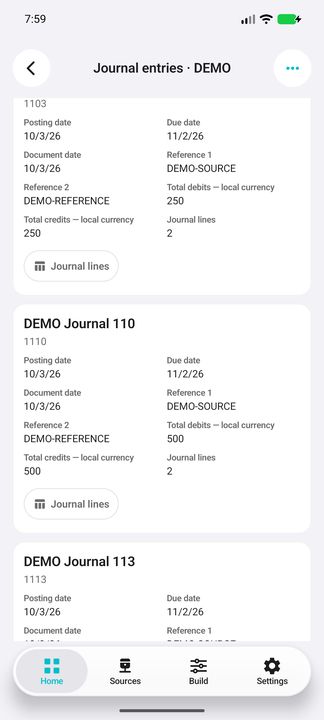 Complete journal cards with dates, references, local debit/credit totals and the Journal lines button — Native Cifru; fictional DEMO data, no real SAP connection.