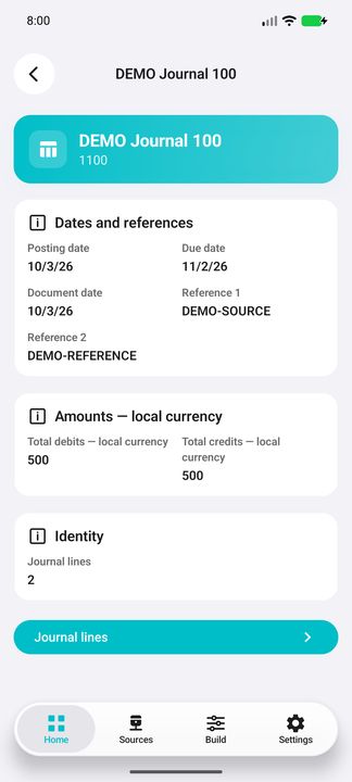 Journal Details: references, local debit/credit totals, line count and drilldown — Native Cifru; fictional DEMO data, no real SAP connection.