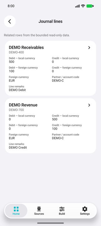 Journal line cards: account names, balanced debit/credit and separate local/foreign amounts — Native Cifru; fictional DEMO data, no real SAP connection.