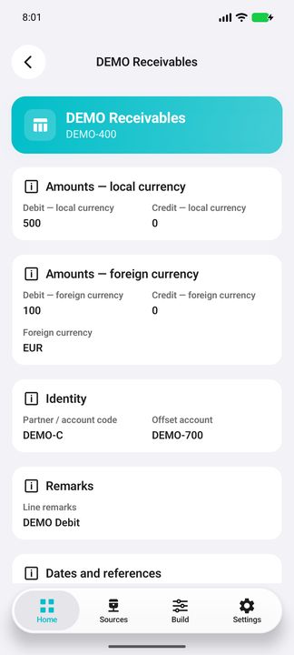 Journal line Details: account, amounts, currency, offset and remarks — Native Cifru; fictional DEMO data, no real SAP connection.