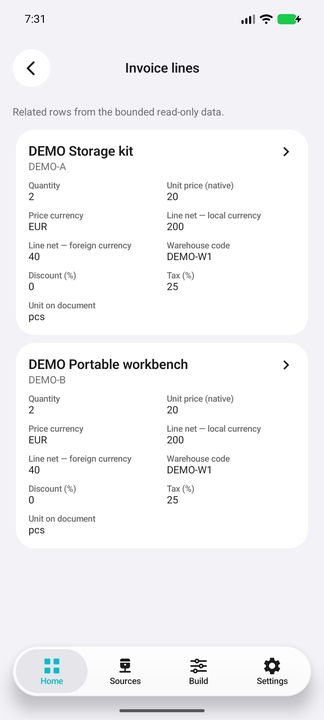 Invoice lines with quantities, native prices, currencies, warehouse, discount and tax — Native Cifru; fictional DEMO data, no real SAP connection.