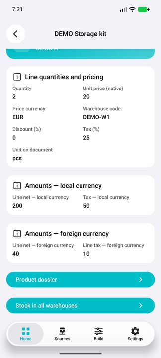 Line Details: quantities, local/foreign amounts and product/stock navigation — Native Cifru; fictional DEMO data, no real SAP connection.