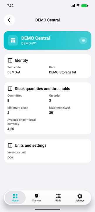 Current warehouse stock: quantity, commitments, orders, thresholds and local average price — Native Cifru; fictional DEMO data, no real SAP connection.
