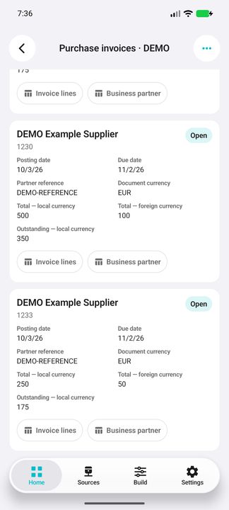 Complete supplier invoice cards, local/foreign amounts and both subbuttons — Native Cifru; fictional DEMO data, no real SAP connection.