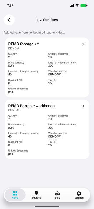 Invoice lines with quantities, native prices, currencies, warehouse, discount and tax — Native Cifru; fictional DEMO data, no real SAP connection.