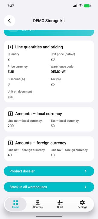Line Details: quantities, local/foreign amounts and product/stock navigation — Native Cifru; fictional DEMO data, no real SAP connection.