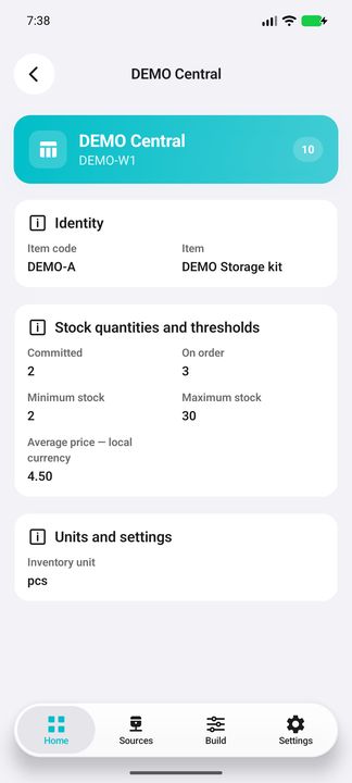 Current warehouse stock: quantity, commitments, orders, thresholds and local average price — Native Cifru; fictional DEMO data, no real SAP connection.
