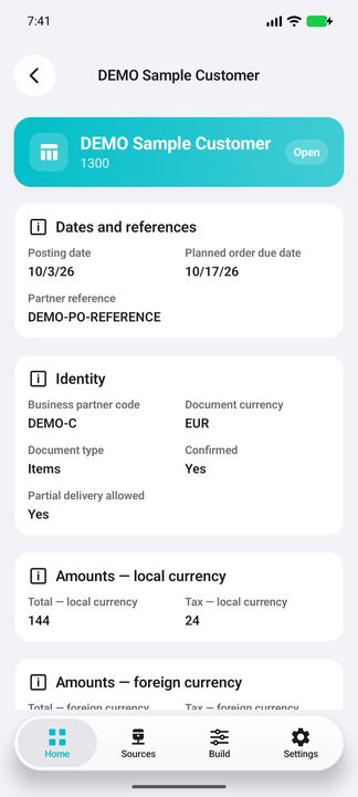 Order Details: posting/planned dates, document type, confirmation and partial-delivery setting — Native Cifru; fictional DEMO data, no real SAP connection.