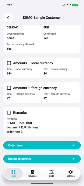 Order Details continued: local/foreign amounts, fictional-rate explanation and subbuttons — Native Cifru; fictional DEMO data, no real SAP connection.
