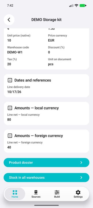 Line Details continued: pricing, discount/tax, delivery date, amounts and product/stock subbuttons — Native Cifru; fictional DEMO data, no real SAP connection.