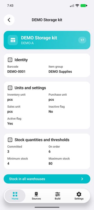 Product dossier: barcode, group, units, activity flags and stock thresholds — Native Cifru; fictional DEMO data, no real SAP connection.