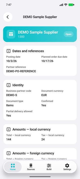 Order Details: posting/planned dates, document type, confirmation and partial-delivery setting — Native Cifru; fictional DEMO data, no real SAP connection.