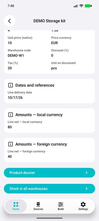 Line Details continued: pricing, discount/tax, delivery date, amounts and product/stock subbuttons — Native Cifru; fictional DEMO data, no real SAP connection.