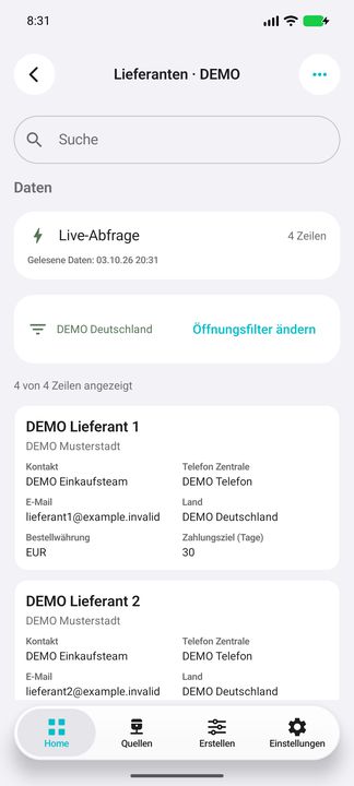 Lieferanten: Länderfilter, vollständige Karte, Kontakte und Zahlungsziel — Native Cifru-Ansicht; DEMO, vollständig erfundene Daten. Nicht an einem echten ERP getestet.
