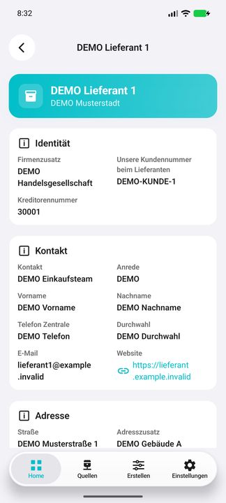 Lieferantenakte: Identität, eigene Kundennummer beim Lieferanten, Kontakte und Adresse — Native Cifru-Ansicht; DEMO, vollständig erfundene Daten. Nicht an einem echten ERP getestet.