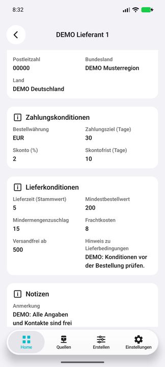 Adresse, Bestellwährung, Zahlungsziel, Skonto und Lieferkonditionen — Native Cifru-Ansicht; DEMO, vollständig erfundene Daten. Nicht an einem echten ERP getestet.